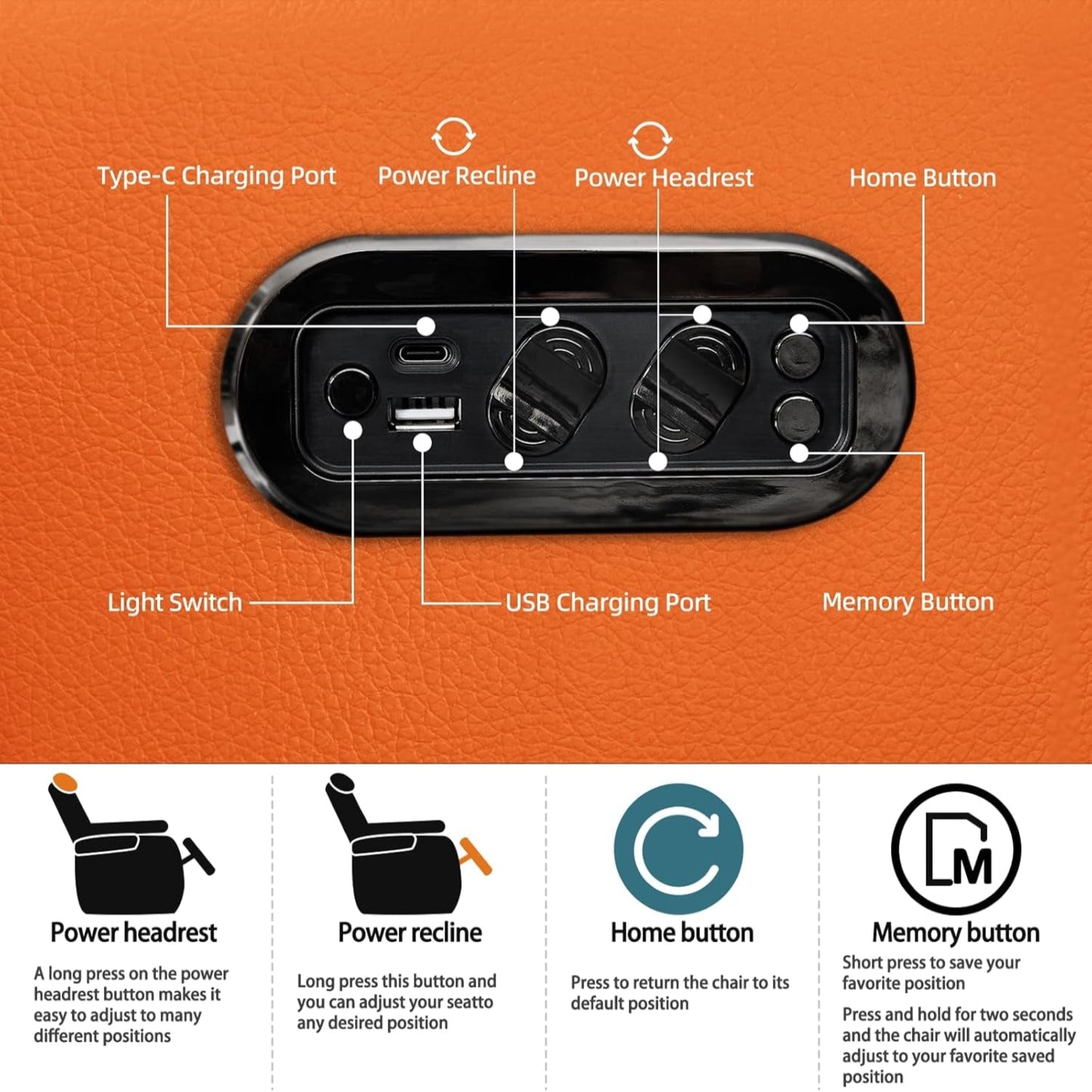 Leather Home Theater Seating, Simple Style Top Grain Leather Game Seats Movie Theater Chairs Recliner Sofa with Type-C USB Charger (Orange, Row of 3)