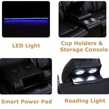 Power Reclining Sofa Set with LED Light,Leather Sectional Couch, Living Room Furniture Sets, Modern Power Recliner Sofa Sets with Cup Holder/Storage Console for Living Room(Black)