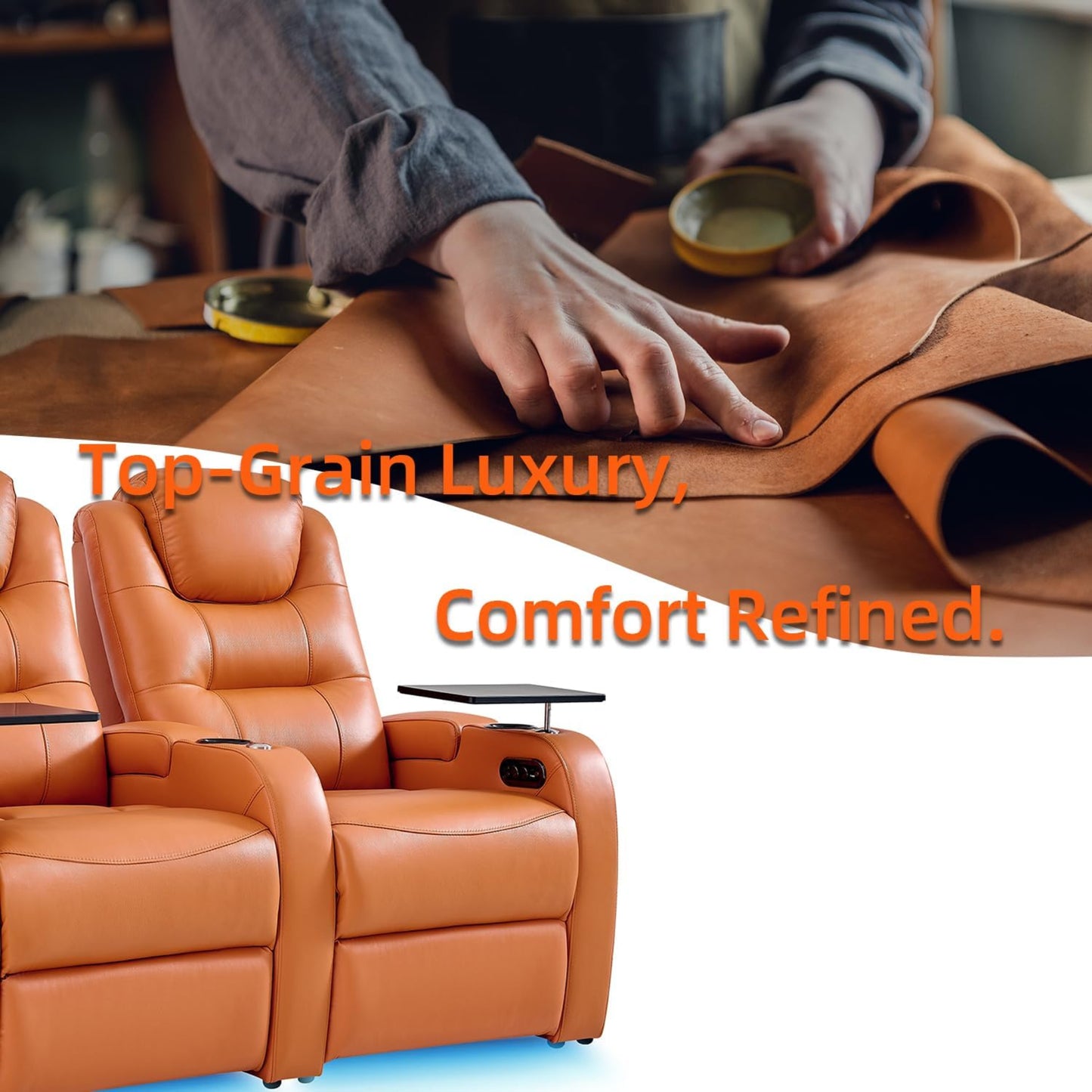 Leather Home Theater Seating, Simple Style Top Grain Leather Game Seats Movie Theater Chairs Recliner Sofa with Type-C USB Charger (Orange, Row of 3)