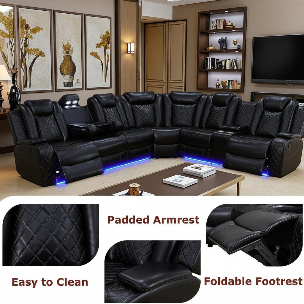 Power Reclining Sofa Set with LED Light,Leather Sectional Couch, Living Room Furniture Sets, Modern Power Recliner Sofa Sets with Cup Holder/Storage Console for Living Room(Black)