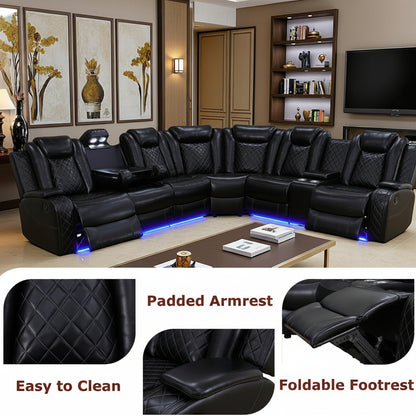 Power Reclining Sofa Set with LED Light,Leather Sectional Couch, Living Room Furniture Sets, Modern Power Recliner Sofa Sets with Cup Holder/Storage Console for Living Room(Black)