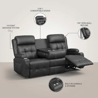 3-Seater Loveseat Recliner Sofa, Home Theater Seating Reclining Couch with Flip Middle Backrest, RV Wall Hugger Sleeper Sofa with Massage, Dawer & Cup Holders, 150° Recline for RV & Living Room — infographic