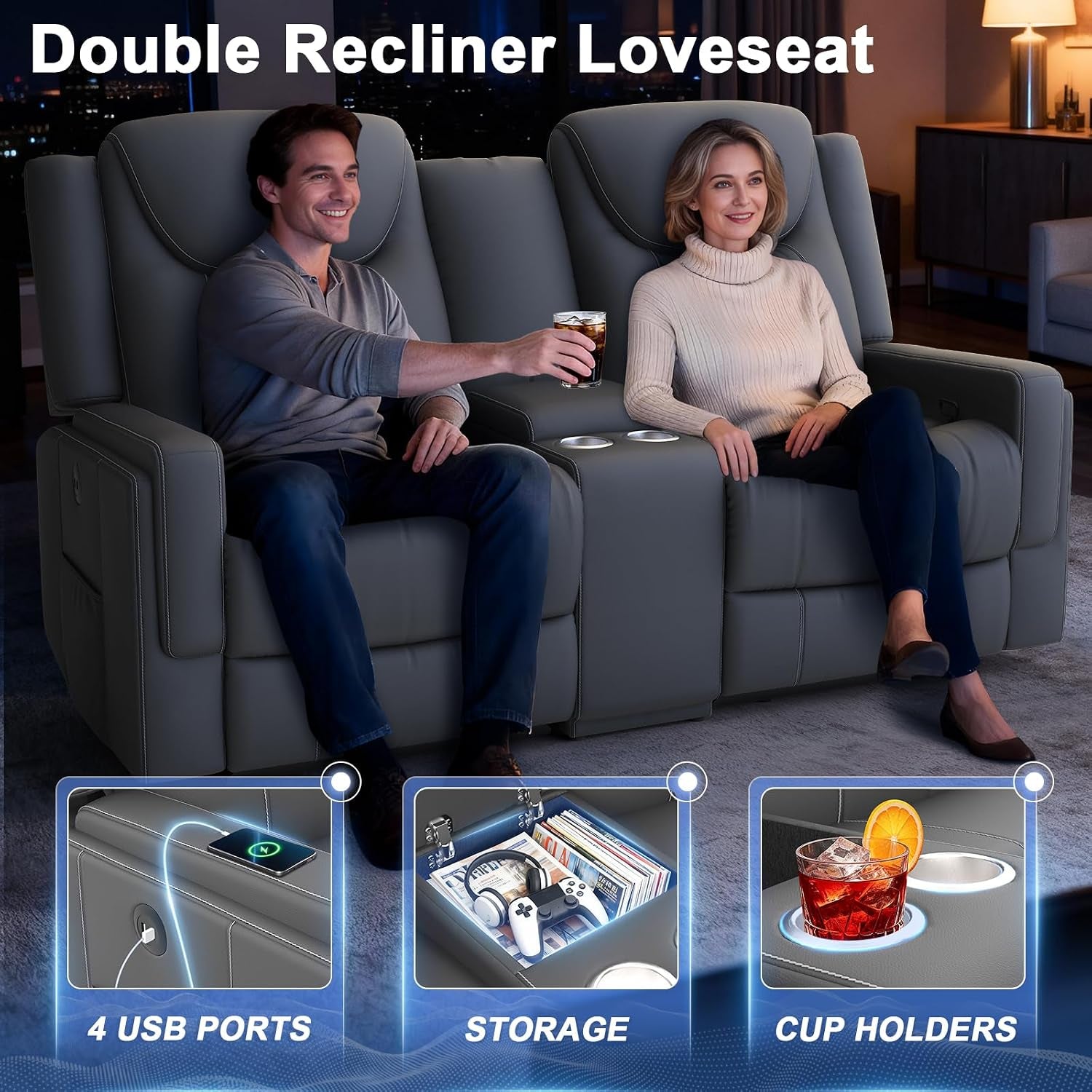 Manual Loveseat Recliner Sofa, Home Theater Seating with PU Gray Leather, Console with Cup Holders & Storage, USB Ports, 2 Seater Reclining Couch for Living Room, RV, Home Theater