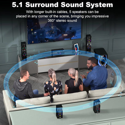 5.1 Bluetooth Home Theater Systems Surround Sound Speakers 1200 Watts 10 Inch Subwoofer 5.1/2.1 Channel Audio Stereo System with ARC Optical & USB Input for TV Ultra HD AV DVD FM Radio