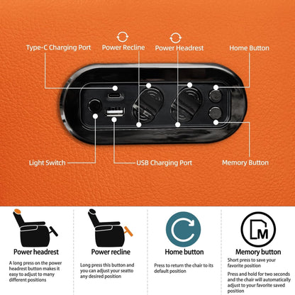 Leather Home Theater Seating, Simple Style Top Grain Leather Game Seats Movie Theater Chairs Recliner Sofa with Type-C USB Charger (Orange, Row of 3)