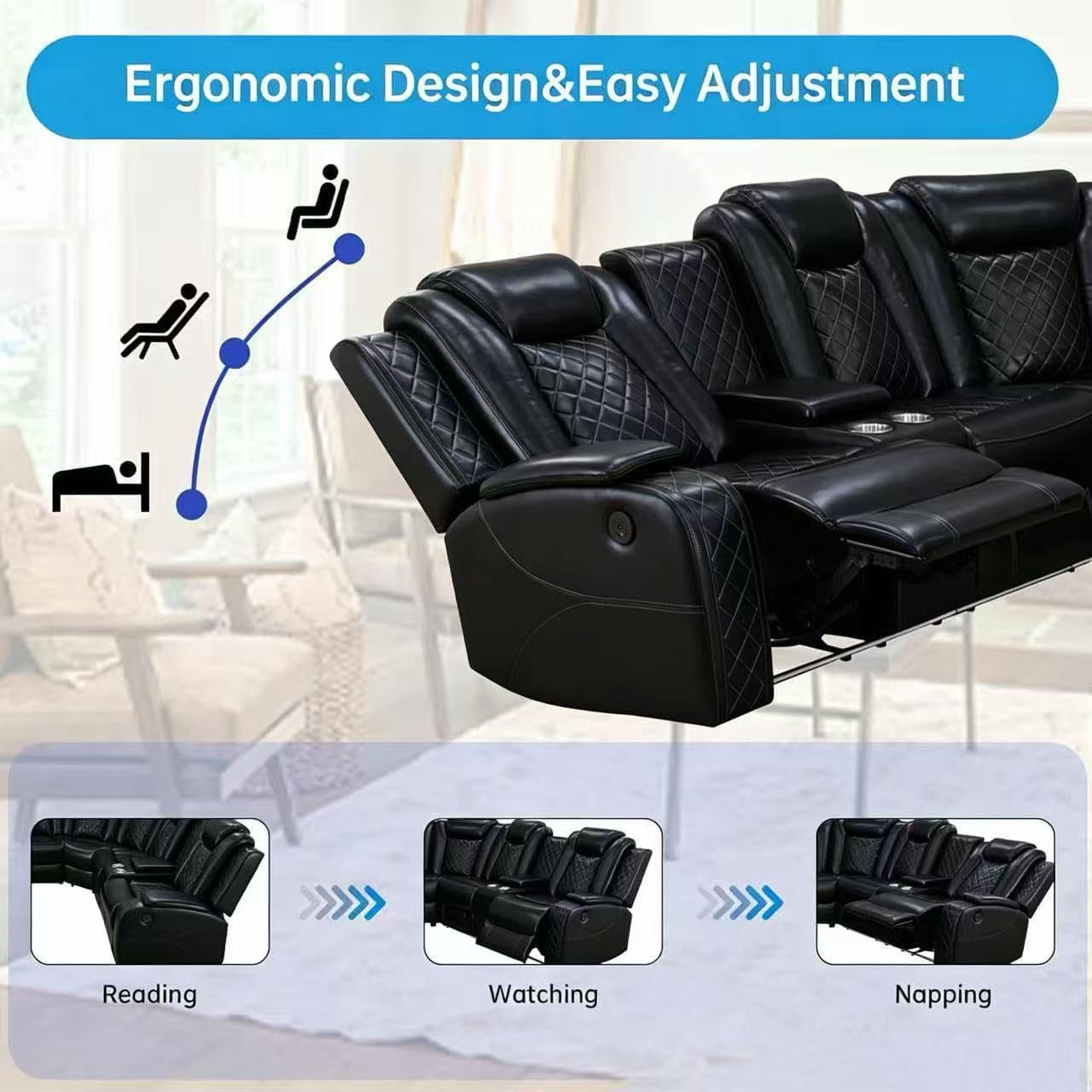 Power Reclining Sofa Set with LED Light,Leather Sectional Couch, Living Room Furniture Sets, Modern Power Recliner Sofa Sets with Cup Holder/Storage Console for Living Room(Black)