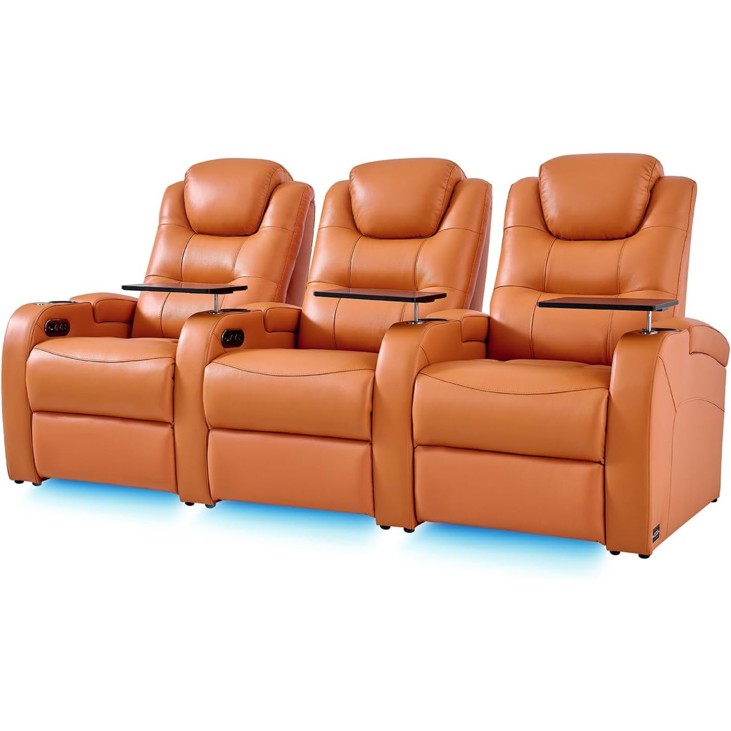 Leather Home Theater Seating, Simple Style Top Grain Leather Game Seats Movie Theater Chairs Recliner Sofa with Type-C USB Charger (Orange, Row of 3)