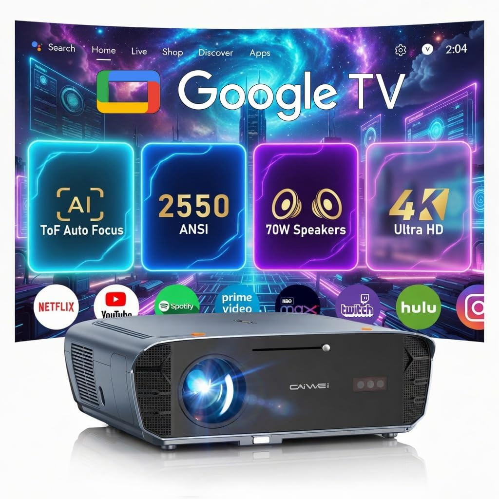 2550 ANSI Daytime Projector, 4K Smart Google TV Projector with Dual 35W Speakers Dolby Audio, Shorter Throw, Tof Autofocus, HDMI ARC, NFC Wifi 6 & Bluetooth 5.4 for Home/Outdoor Movie Nights, Gaming