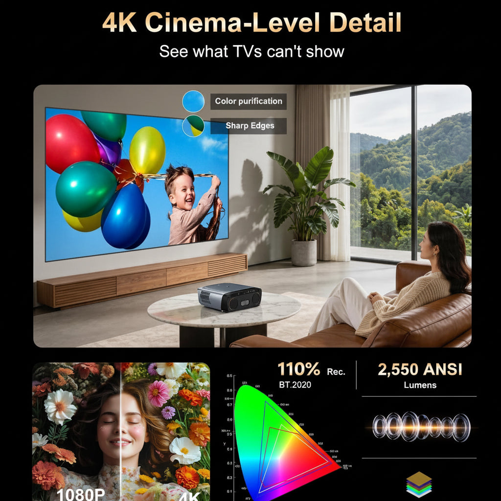 2550 ANSI Daytime Projector, 4K Smart Google TV Projector with Dual 35W Speakers Dolby Audio, Shorter Throw, Tof Autofocus, HDMI ARC, NFC Wifi 6 & Bluetooth 5.4 for Home/Outdoor Movie Nights, Gaming