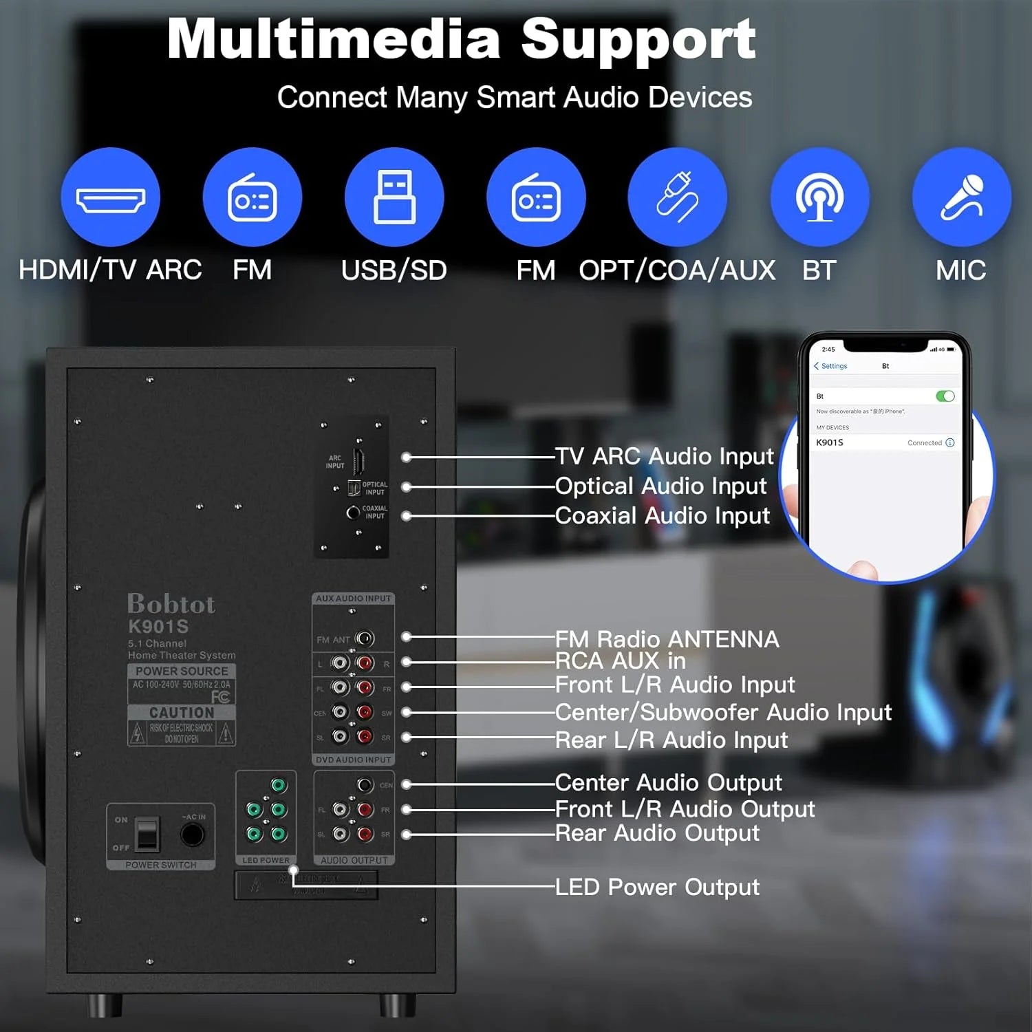 5.1 Bluetooth Home Theater Systems Surround Sound Speakers 1200 Watts 10 Inch Subwoofer 5.1/2.1 Channel Audio Stereo System with ARC Optical & USB Input for TV Ultra HD AV DVD FM Radio