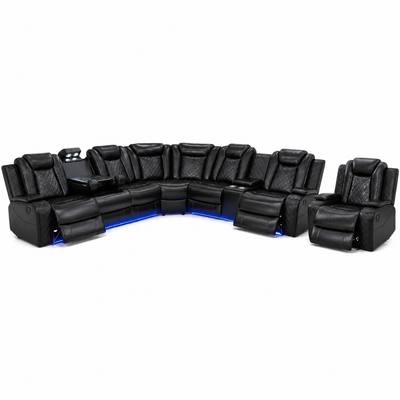 Power Reclining Sofa Set with LED Light,Leather Sectional Couch, Living Room Furniture Sets, Modern Power Recliner Sofa Sets with Cup Holder/Storage Console for Living Room(Black)