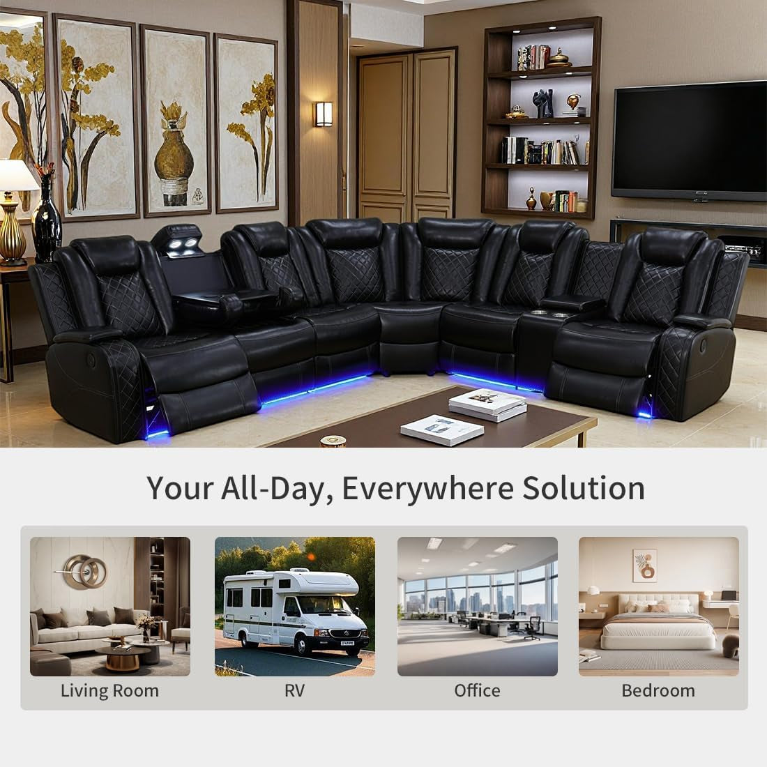 Power Reclining Sofa Set with LED Light,Leather Sectional Couch, Living Room Furniture Sets, Modern Power Recliner Sofa Sets with Cup Holder/Storage Console for Living Room(Black)