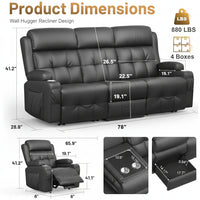 3-Seater Loveseat Recliner Sofa, Home Theater Seating Reclining Couch with Flip Middle Backrest, RV Wall Hugger Sleeper Sofa with Massage, Dawer & Cup Holders, 150° Recline for RV & Living Room