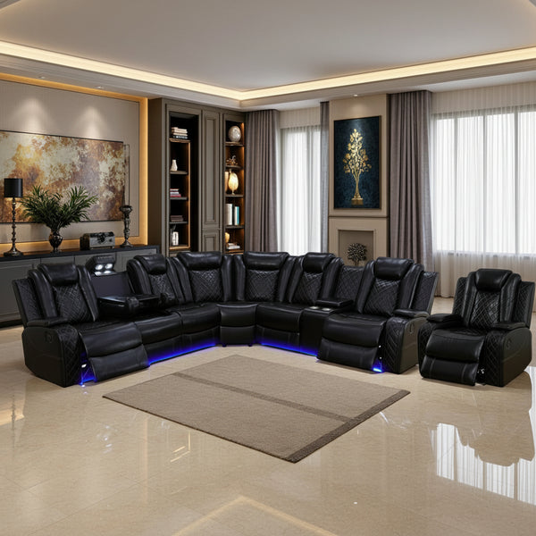Power Reclining Sofa Set with LED Light,Leather Sectional Couch, Living Room Furniture Sets, Modern Power Recliner Sofa Sets with Cup Holder/Storage Console for Living Room(Black)