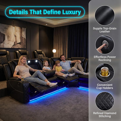 Power Reclining Sofa Set with LED Light,Leather Sectional Couch, Living Room Furniture Sets, Modern Power Recliner Sofa Sets with Cup Holder/Storage Console for Living Room(Black)